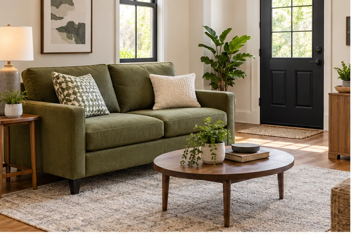 moss loveseat with a clear pathway
